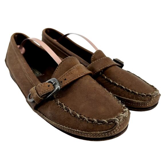 Vintage Ralph Lauren Country Buckle Loafers Slip On Round Toe Heel Suede Brown 9 - Picture 1 of 7